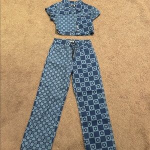 Blue Patterned Denim Two-Piece Set